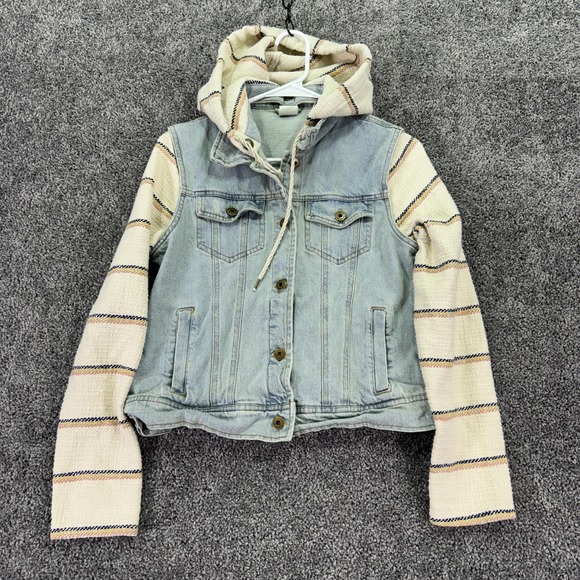 Billabong Jackets & Blazers - Billabong Jacket Womens Medium Blue Denim Hooded Striped Sleeves Boho Casual